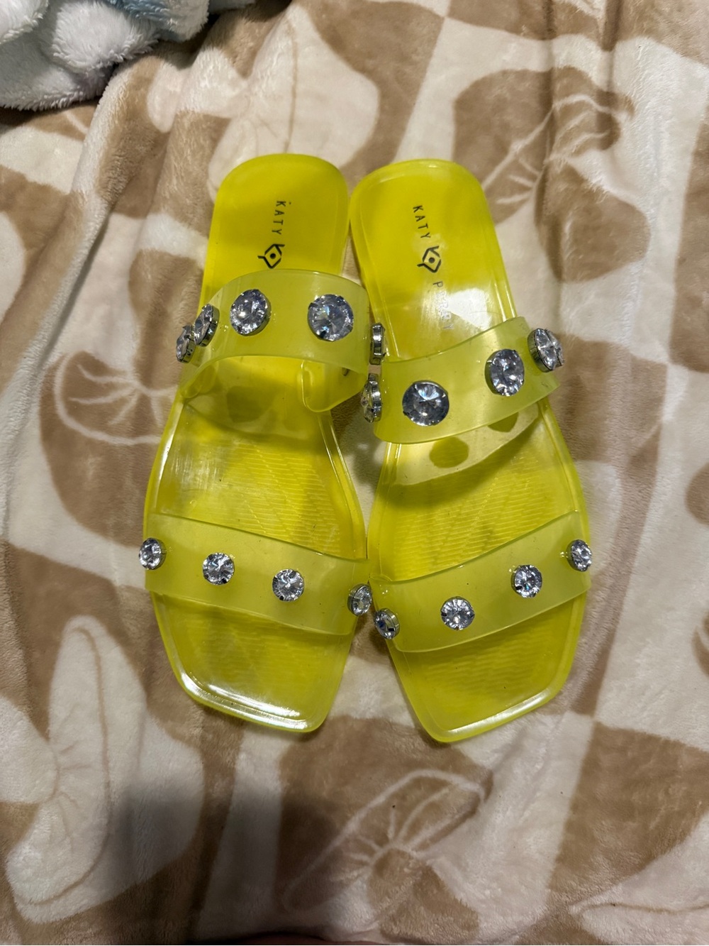 Katy Perry Collections Neon Yellow Jelly Slide Sandals with Crystal Studs
